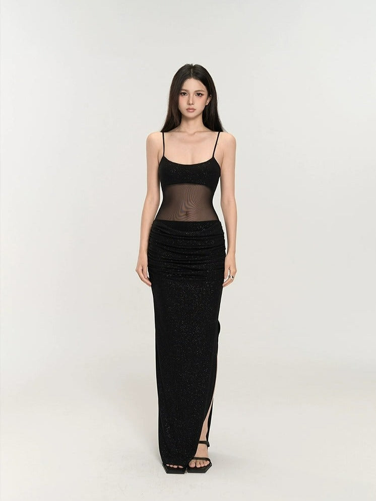 Black Mesh Glitter Maxi Dress