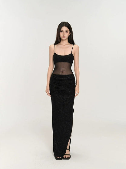Black Mesh Glitter Maxi Dress