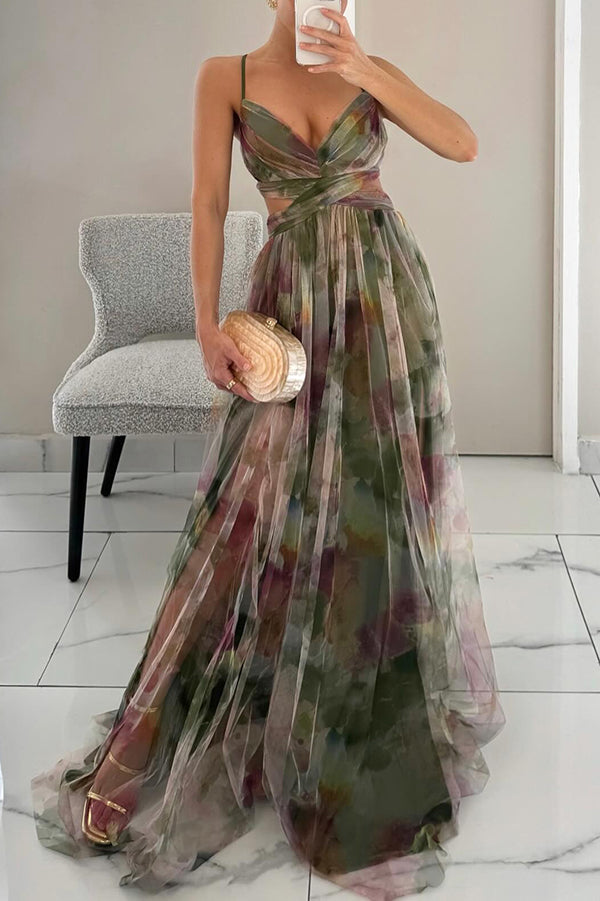 Giselle Tulle Render Print Cutout Waist Back Lace-up Maxi Dress
