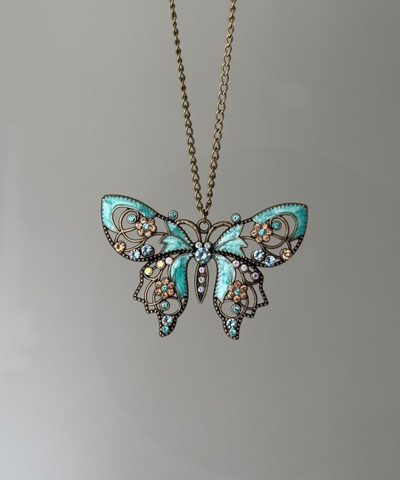 Retro Blue Alloy Zircon Butterfly Hollow Out Pendant Necklace