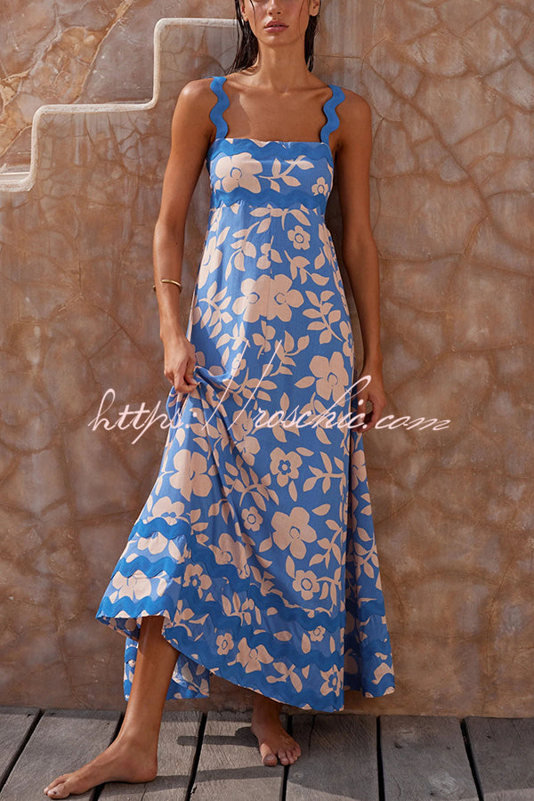 Vivi Print Wavy Suspender Side Zip Maxi Dress