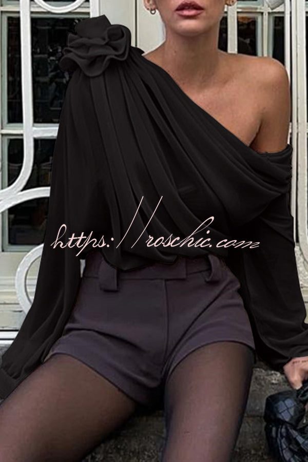 Three Dimensional Flower Tulle Off Shoulder Long Sleeved Blouse