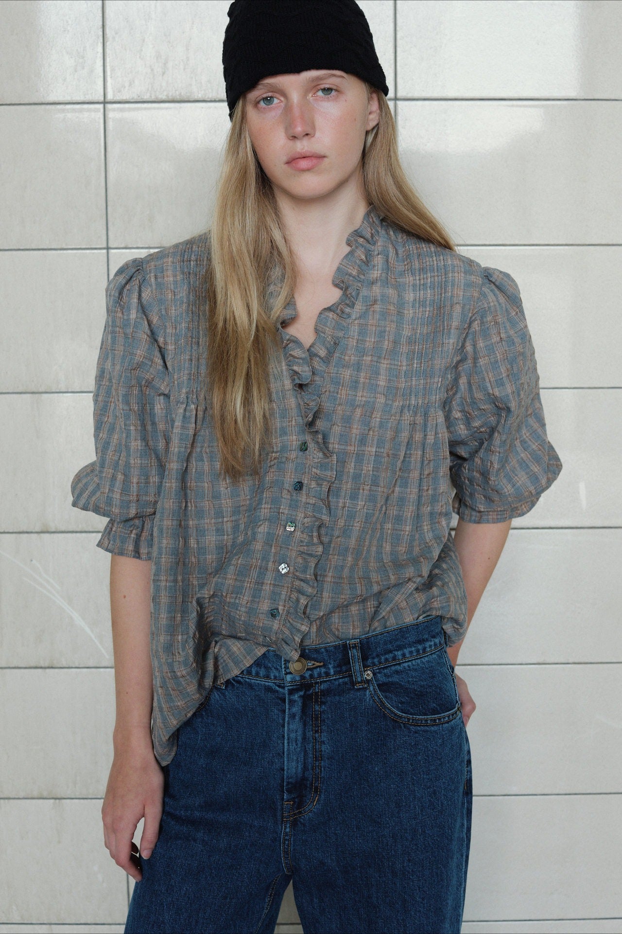 Plaid Ruffle Long Sleeve Blouse