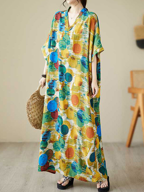 Batwing Sleeves Half Sleeves Contrast Color Polka-dot V-neck Maxi Dresses