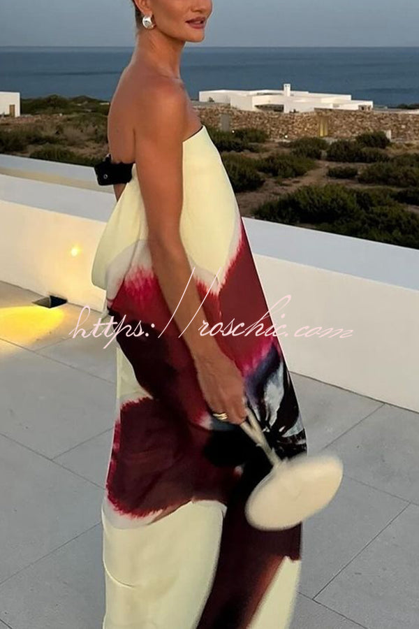 Print Strapless Backless Belt Maxi Dress