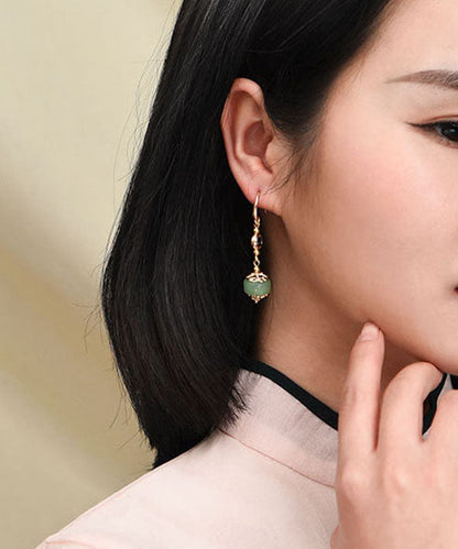 Red Gem Stone and Jade 14k Gold Drop Earrings