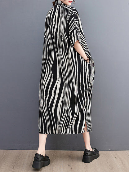 Raglan Sleeve Oversize Zebra-stripe Split-joint Lapel Midi Dresses Shirt Dress