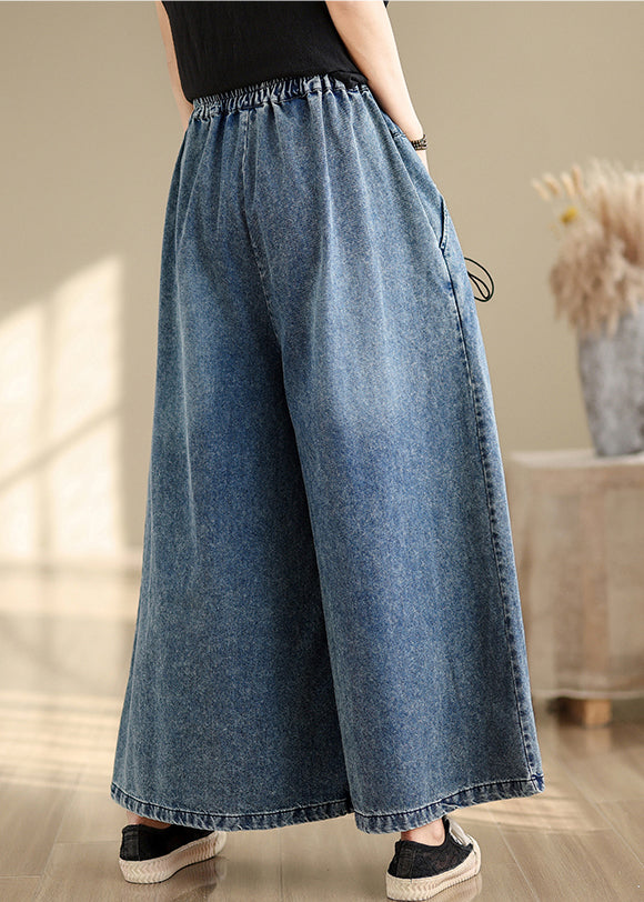 Summer Pants Strap Wide Wrinkled Denim Blue Cross Leg