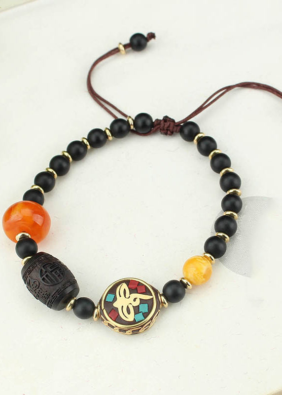 Black Coloured Glaze Pearl Beeswax Clover Charm Bracelet