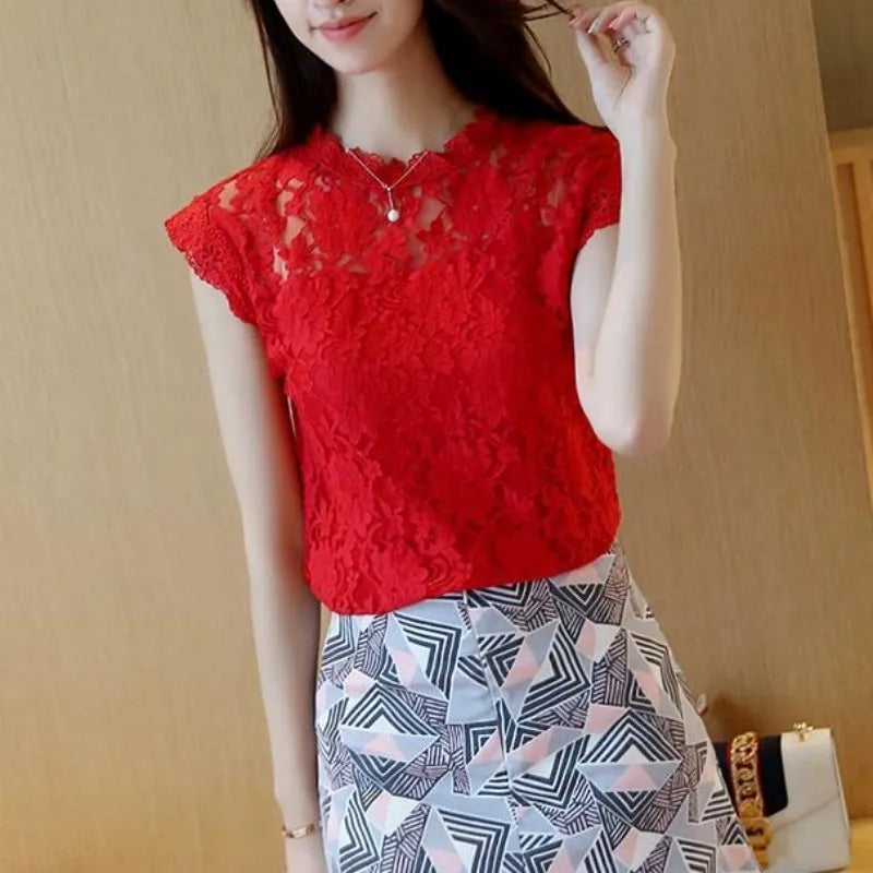 Summer Hollow Out Lace Blouse Shirt Tops Crochet Short Sleeve Bottoming Shirts Blouses Tops Df1591