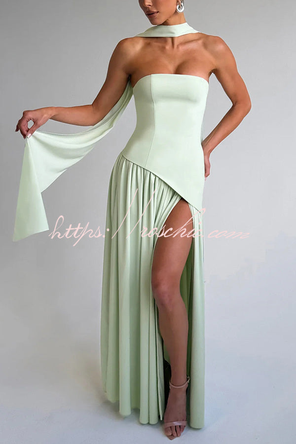 Off Shopulder Chiffon Pleated Hem Scarf Slit Maxi Dress