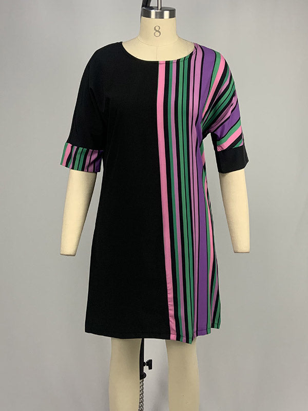 A-line Half Sleeves Asymmetric Contrast Color Striped Round-neck Mini Dresses