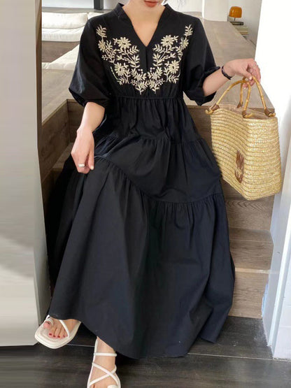 Bishop Sleeve Loose Embroidered Pleated V-neck Midi Dresses