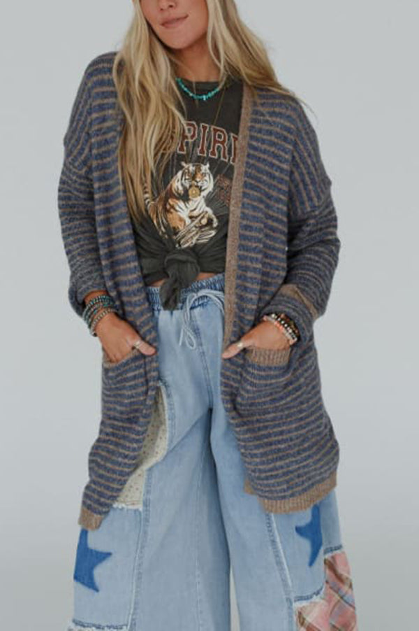 Contrast Striped Loose Long-sleeved Mid-length Knitted Cardigan