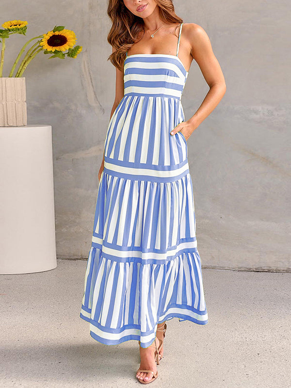 Loose Sleeveless Pleated Split-joint Striped Spaghetti-neck Maxi Dresses