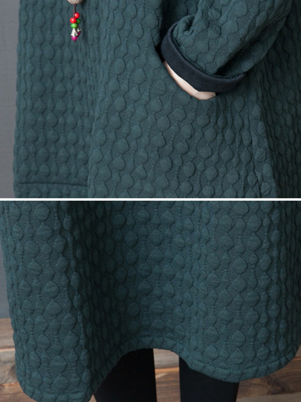 Loose Color Split-joint With Pocket Round-neck Long Sleeves Midi Dress