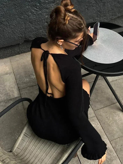 Knitted Backless Mini Dress for Lace Up Loose Short Dresses Hot Club High Waist Dress Femme