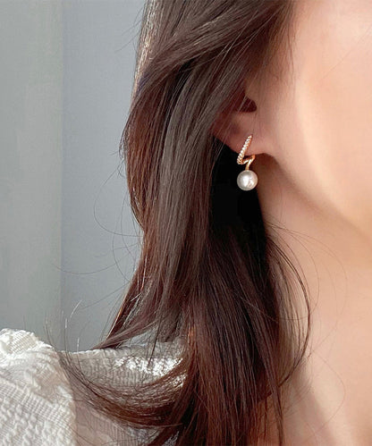 Gold Sterling Silver Overgild Zircon Pearl Hoop Earrings