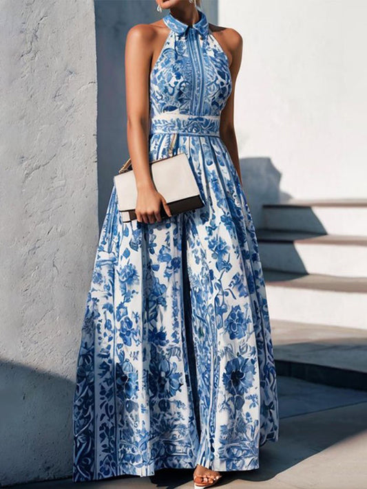 A-line Loose Flower Print Split-joint Lapel Maxi Dresses