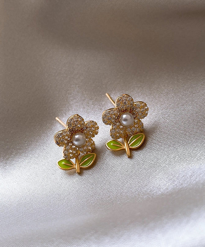 Stylish Gold Sterling Silver Alloy Zircon Pearl Stud Earrings