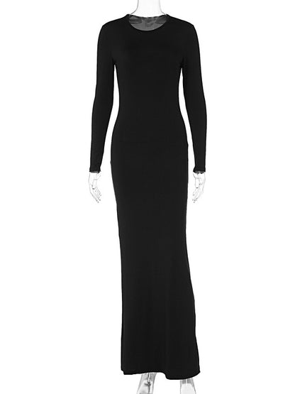 Bodycon Long Sleeves See-through Color Round-neck Maxi Dresses