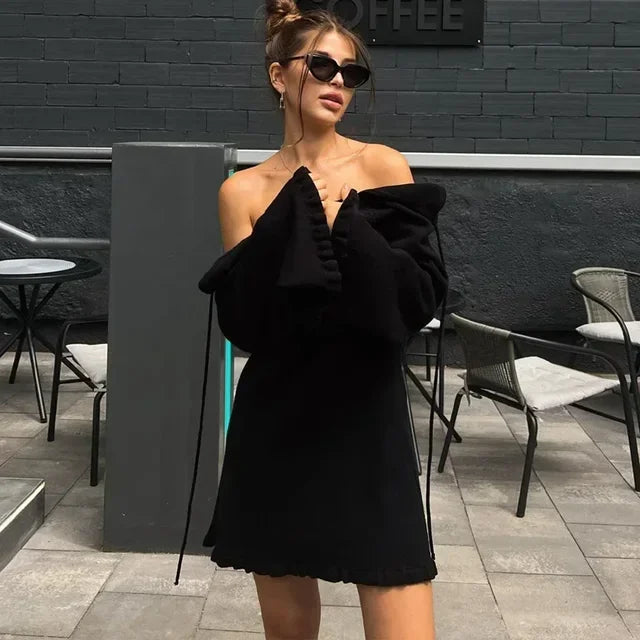 Knitted Backless Mini Dress for Lace Up Loose Short Dresses Hot Club High Waist Dress Femme