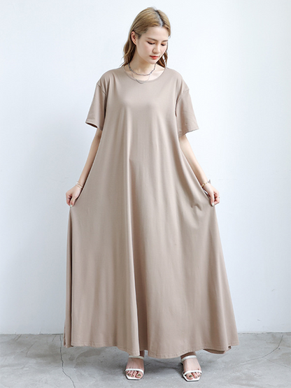 Simple Loose Short Sleeves Color Round-neck Maxi Dresses