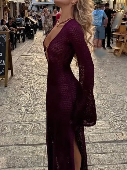 Knit Hollow Out Autumn Dress Female See-through V-neck Backless Beach Holiday Maxi Dress Knitwear ’s Dress New