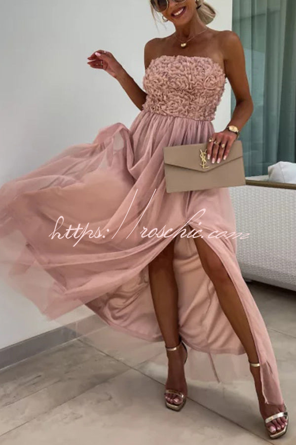 Romance and Lightness Tulle Texture Pleated Patchwork Strapless Slit Maxi Dress