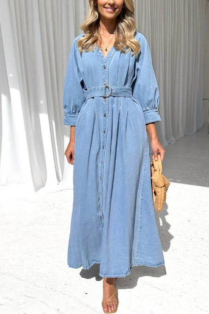 Waist Button-down Denim Maxi Dress