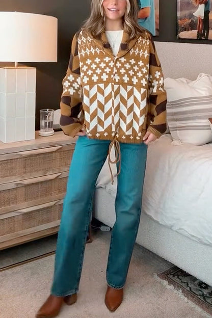 Button Down Drawstring Hem Geometric Pattern Sweater Cardigan