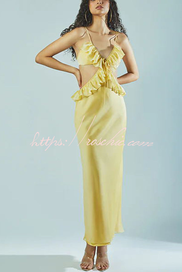 Date Night Satin Chiffon Ruffle Trim Removable Slip Maxi Dress