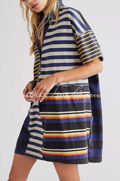 Contrast Striped Patchwork Denim Lapel Loose Mini Dress