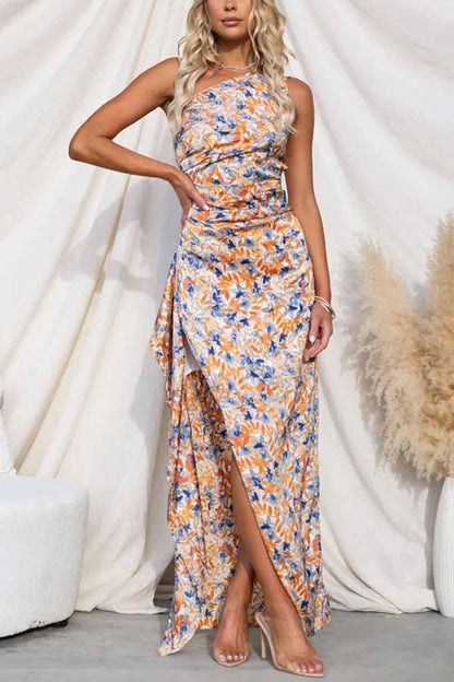 Intense Love One Shoulder Asymmetrical Ruffle Trim Maxi Dress