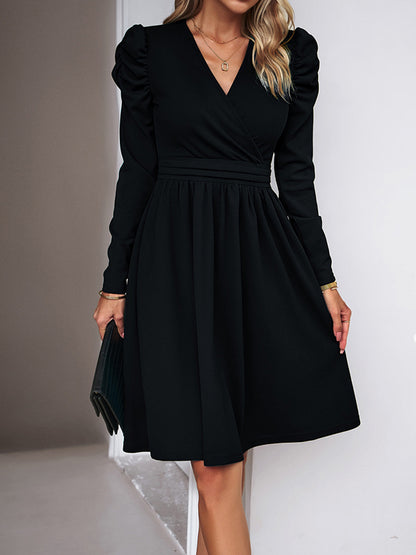Puff Sleeves Skinny Pleated Color Split-joint V-neck Midi Dresses