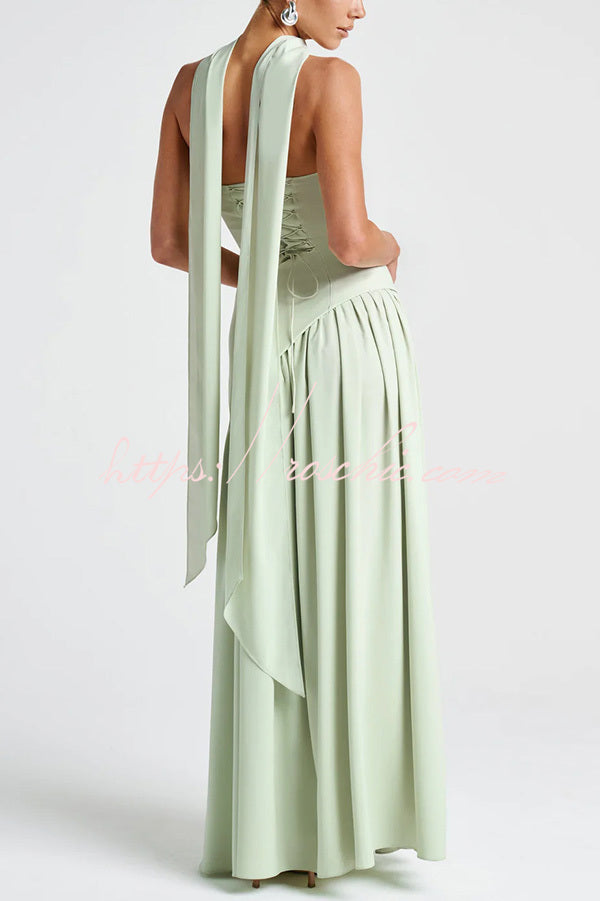 Off Shopulder Chiffon Pleated Hem Scarf Slit Maxi Dress