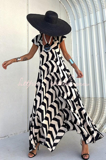 Fresh Breeze Unique Print Ruffle Sleeve A-line Maxi Dress