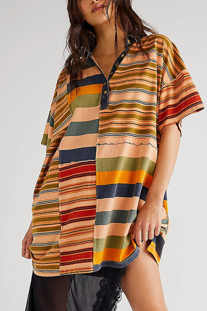 Contrast Striped Patchwork Denim Lapel Loose Mini Dress