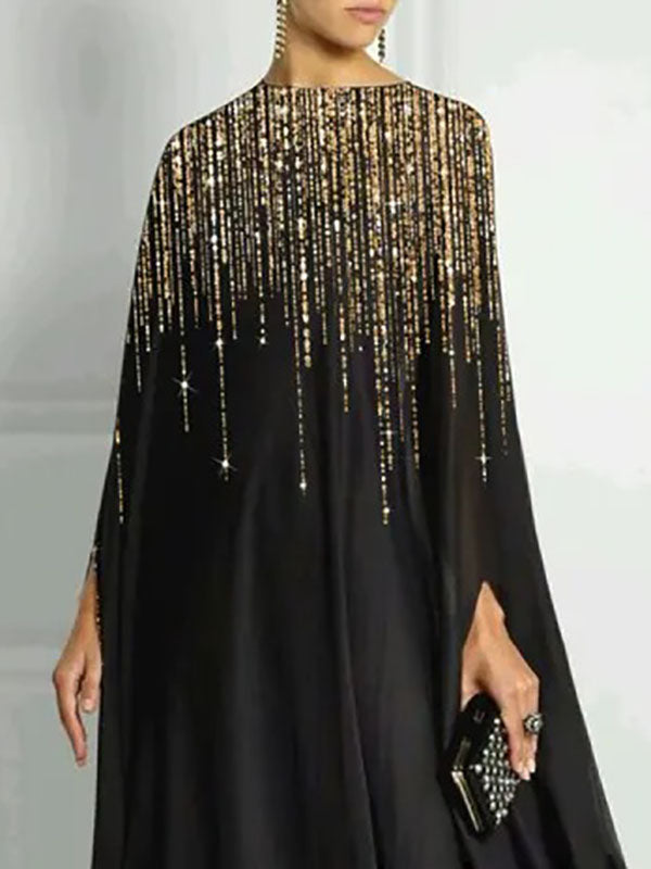 Long Sleeves Loose Rhinestone Round-neck Maxi Dresses