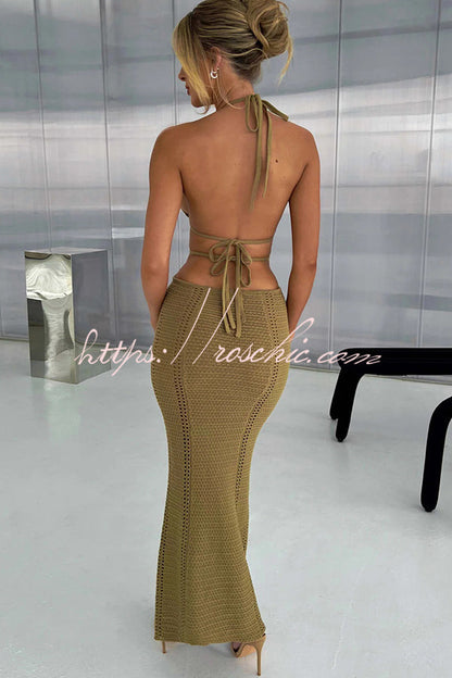 Effortlessly Cool and Knit Crochet Cutout Halter Tie-up Stretch Maxi Dress