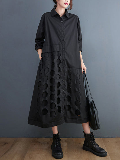 A-line Long Sleeves Asymmetric Hollow Polka-dot Color Lapel Midi Dresses