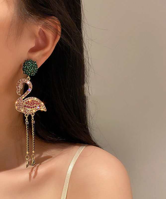 Pink Flamingo Zircon Tassel Silver Drop Earrings