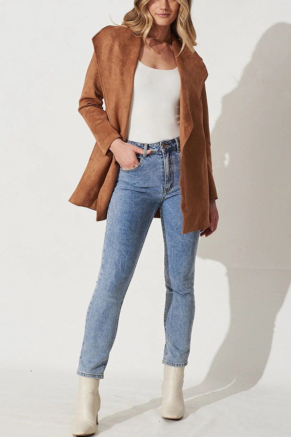 Color Suit Cardigan Large Lapel Suede Long-sleeved Jacket