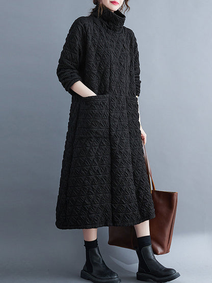 Long Sleeves Loose Color Textured High-neck Cotton Padded Midi Dresses