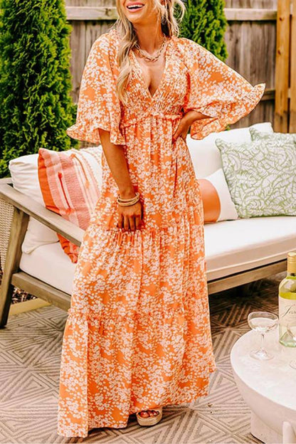 Orange Print Smocked V Neck Bell Sleeve Maxi Dress