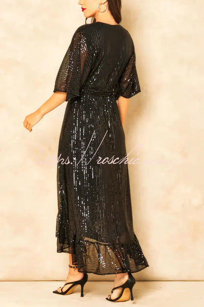 Color Sequined V-neck Waist Tie Loose Maxi Dress