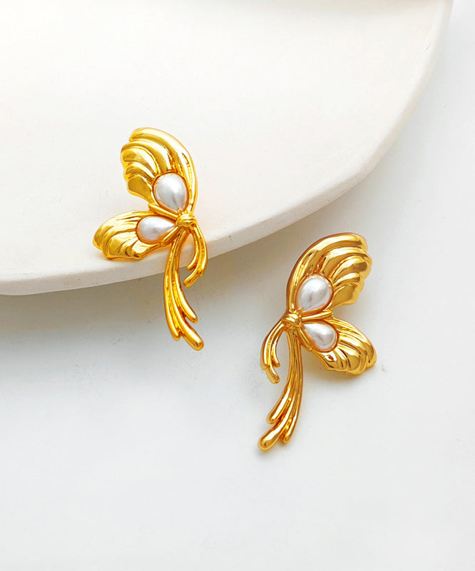 Gold Copper Overgild Pearl Bow Stud Earrings