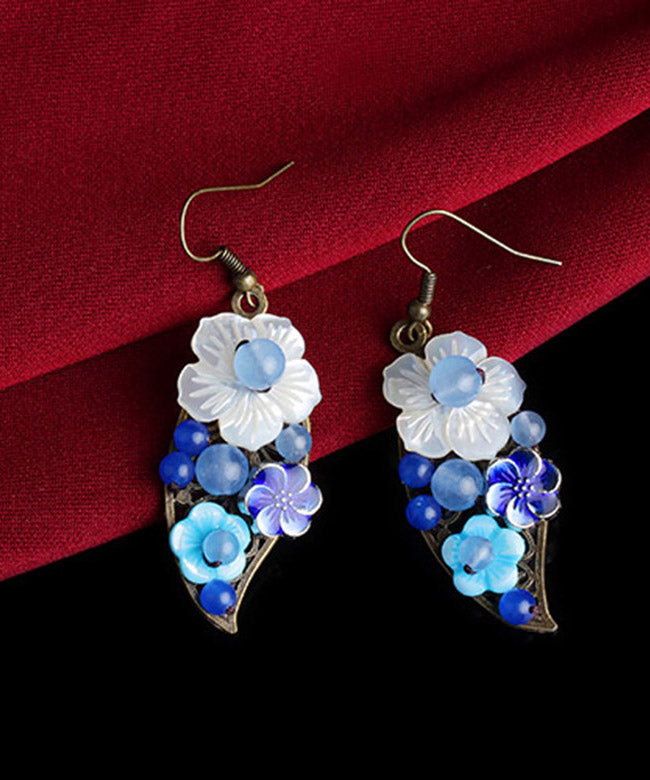 Blue White Copper Shell Flower Chalcedony Cloisonne Drop Earrings