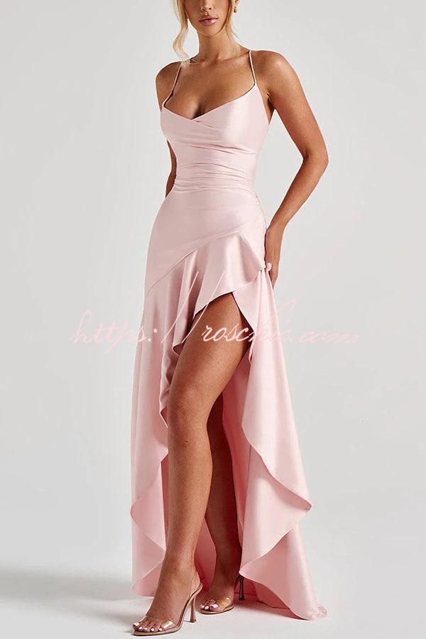 Color Backless Lace-up Irregular Ruffled Maxi Dress