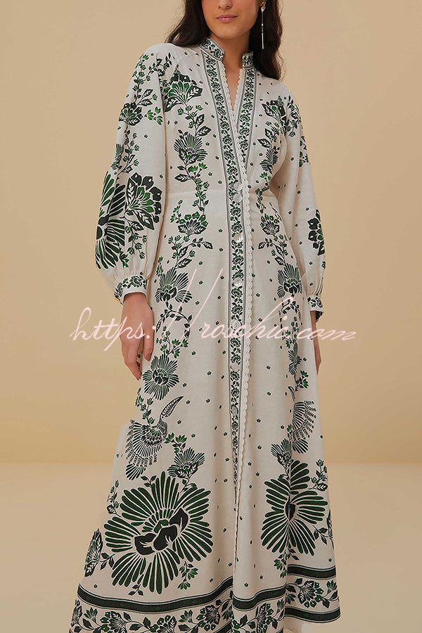 Forest Soul Unique Print Button Down Long Sleeve Shirt Maxi Dress